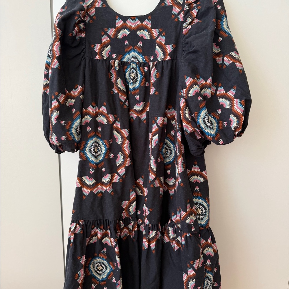Sea New York Lindstrom Quilt Print Puff Sleeve Dress in black and multi-color